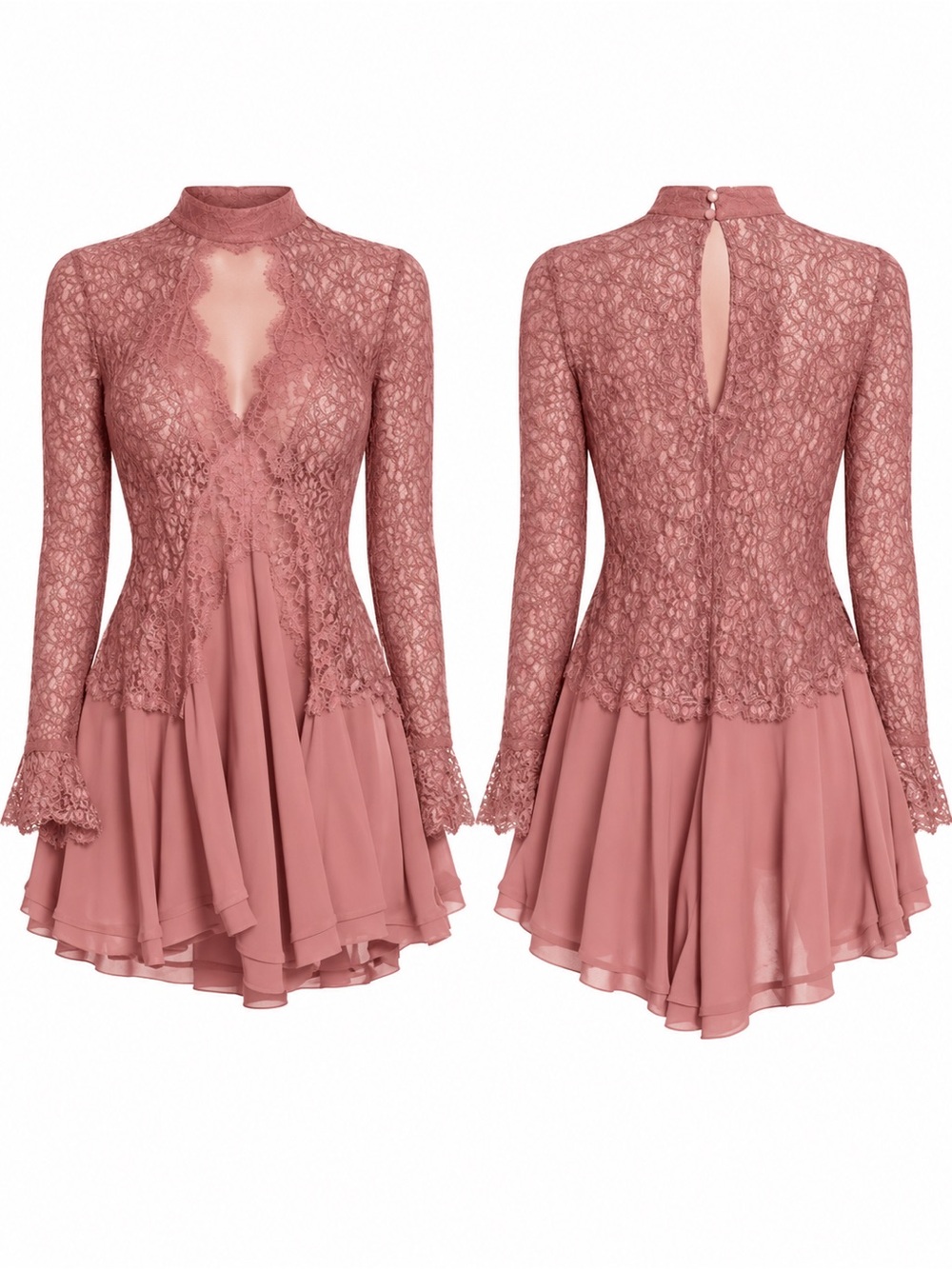 Free People Rose Lace Long Sleeve Fit-and-Flare Mini Dress